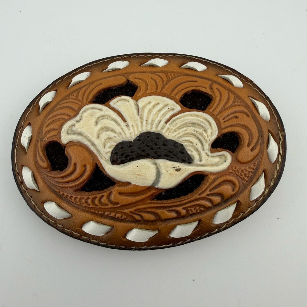 Tony Lama Vintage Tooled Leather Floral Belt Buckle Brown White Made in‎ USA
